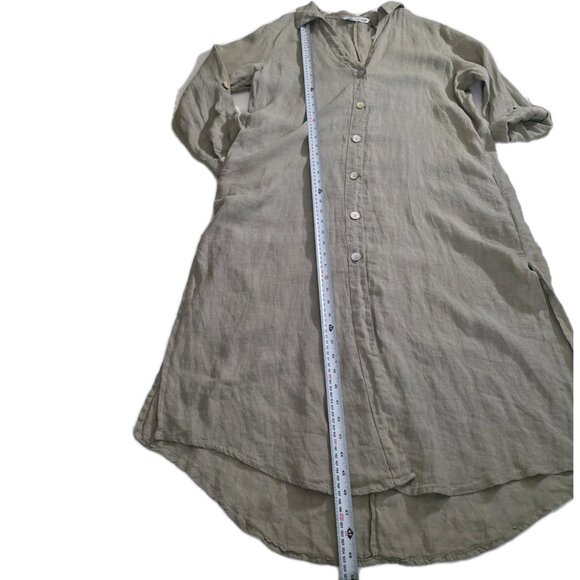 Zara Shirt Dress L Khaki Green Linen LS Roll Up Tab Slits Buttons Coastal Boho - Picture 8 of 16